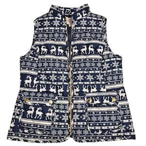 St. John's Bay Reindeer Puffer Vest Sz M Pockets Holiday Winter Christmas Snow